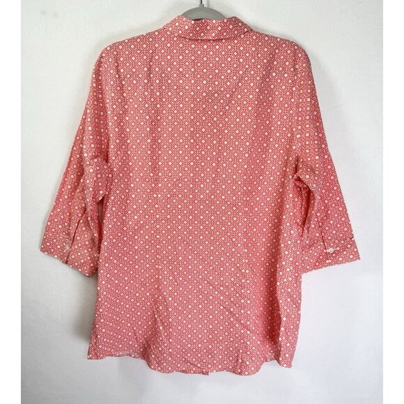 Chicos Effortless Beatrice Top Womens 2/Large Pink Red Batik Circles No Iron - Picture 2 of 9